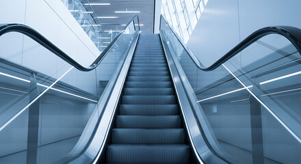 Perspective view of a modern escalator moving upwards in a contemporary architectural interior