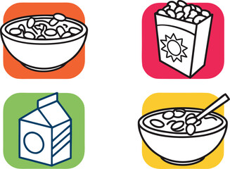 Cereal Icons: Bowl, Box, Milk Carton, and Bowl with Spoon on Colorful Backgrounds vector Illustration