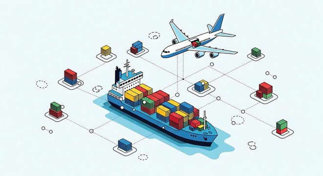 Global logistics network illustration with cargo ship and airplane connecting various locations