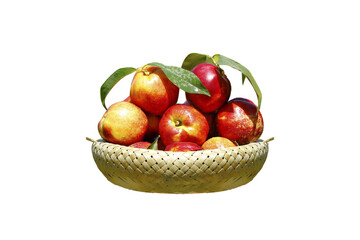 Fresh Yellow and Red Nectarines in Wicker Basket on White Background