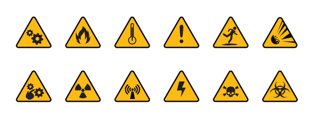 set of caution and hazard warning icons used in industry, nuclear plants, medical facilities, pharmaceutical laboratories, mining operations