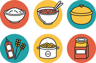 Collection of stylized food icons in colorful circles: rice, soup, pot, grains, vector Illustration