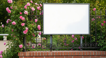 Blank white advertising billboard mockup against a brick wall with an iron fence and pink roses