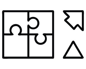 A black and white vector illustration of a puzzle with pieces representing a symbol and a concept