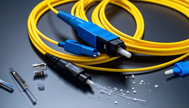 Close-up of Fiber Optic Cables, Connectors, and Spliced Fibers on Dark Surface