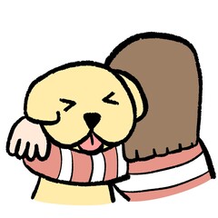 Golden retriever cartoon being hugged warmly by a person. Cute digital art symbolizing love, friendship, and pet affection.