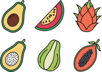 Colorful Cartoon Fruit Illustrations: Avocado, Watermelon, Dragon Fruit, Papaya, Chayote vector Illustration