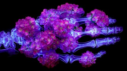 Vibrant Pink and Purple Hydrangea Flowers with Glowing Skeleton in Artistic Style