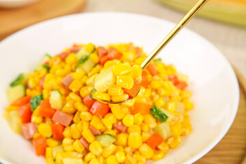 Fresh Gourmet Corn Kernels Mixed Vegetable Salad with Prawns on White Plate