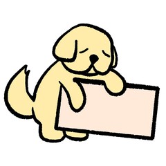 Cartoon golden retriever puppy holding a blank sign board. Cute illustration of dog mascot for messages, notes, or announcements.