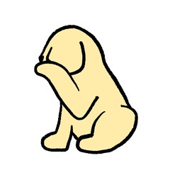 Cartoon golden retriever puppy sitting with paws covering face, looking shy or embarrassed. Cute funny dog illustration.