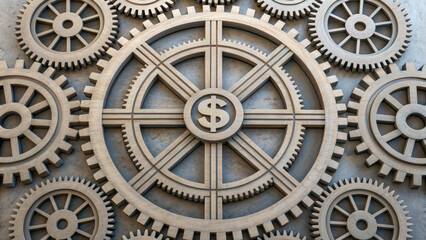 Obraz premium Powerful business engine with interlocking gear representing financial system mechanism. rebuilding of an economy driven by money investment and teamwork
