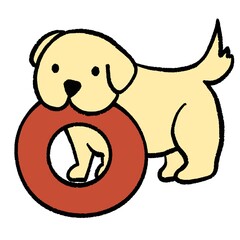 Cute golden retriever cartoon illustration holding a swimming red ring toy in its mouth. Playful dog digital art, perfect for pet, puppy, and fun designs.