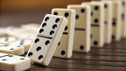 Domino effect chain reaction begins on wooden table. falling tile represents business risk and challenge of rebuilding strategy after critical consequence