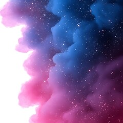 Abstract swirling cloud of vibrant pink, purple, and blue smoke, dotted with glittering stars, against a stark white background