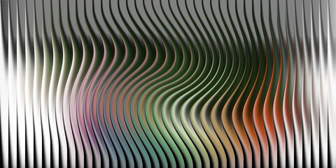 Abstract wavy vertical lines with colorful reflections and metallic texture