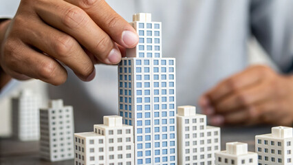 Man hand carefully rebuilding city model shows business growth and development. This focused act of building represents future architectural success and corporate ambition
