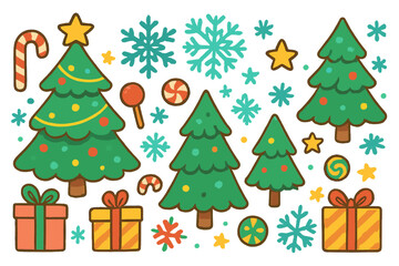 Christmas cartoon element set. Festive holiday decoration collection. Colorful trees, snowflakes, candies, and gifts. Cute winter vector graphic design for kids. Merry Xmas icons.