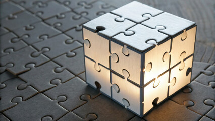 Glowing puzzle cube solution for business rebuilding and problem solving. An inspirational connection of strategy teamwork and innovation for successful idea