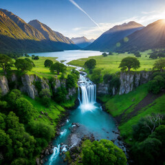 Fototapeta premium Stunning natural scenery with lush green mountains, cascading waterfalls, pristine beaches, and crystal-clear blue waters. The vibrant colors and serene atmosphere create a picturesque and tranquil se