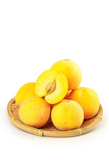 Fresh Yellow Peaches in Bamboo Basket on White Background - Summer Fruit