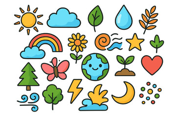 Naklejka premium Cute nature icon set. Weather symbols, cartoon earth planet, sun, and cloud. Kawaii ecology and environment vector illustration elements. Climate and nature concept icons.