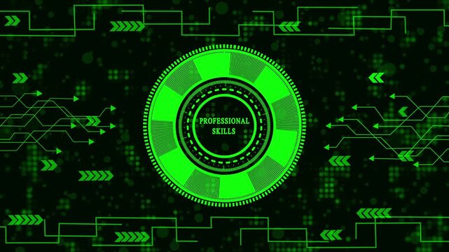 Futuristic green digital interface with circuit board elements and arrows, ideal for technology, gaming, or scyphi themed projects, creating a modern and dynamic feel.