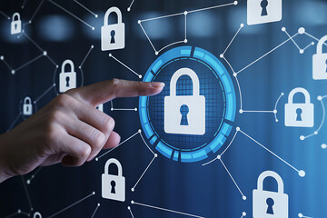 Digital security concept with hand interacting with glowing padlock network