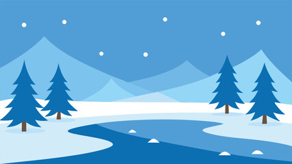 Serene winter landscape vector illustration with snow covered pine trees and flowing river