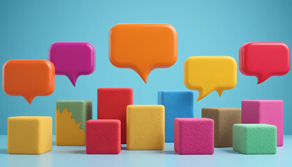 Colorful sponges and speech bubbles arranged on a blue surface, representing communication and feedback