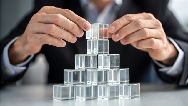 Focused businessman hand stacking transparent block for rebuilding business structure. This strategy and management shows plan for growth and development for future