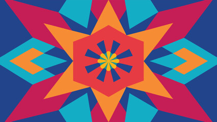 Obraz premium Geometric Star Pattern with Bright Colors and Sharp Angles on Blue Background abstract