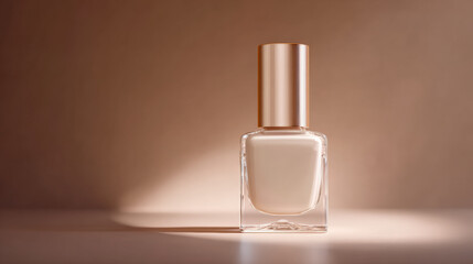 Sleek nail polish bottle with minimalist design, featuring clear glass base and luxurious gold cap, sits elegantly against soft gradient background, evoking sense of sophistication and style