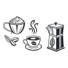 “Black and White Coffee Cup Icon Set | Simple Cafe Drink Symbols | Minimal Line Art Design”