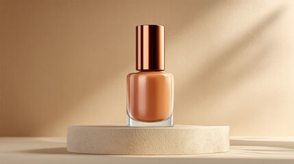 Stylish nail polish bottle with sleek design sits round stone pedestal against warm beige background, showcasing its elegant color and modern aesthetic. soft lighting enhances product appeal