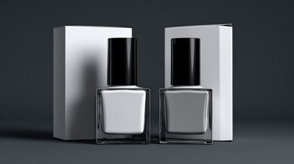 Two bottles of nail polish with sleek black caps and minimalist packaging create modern aesthetic, showcasing elegance and simplicity