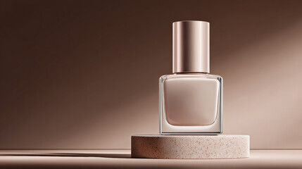 Minimalist nail polish bottle sits elegantly on textured pedestal, showcasing soft, neutral shade. warm lighting enhances luxurious feel, creating serene atmosphere
