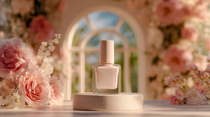 Delicate nail polish bottle sits elegantly on soft pedestal, surrounded by beautiful pink roses and floral arrangements, creating serene and romantic atmosphere
