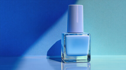 Chic blue nail polish bottle stands against gradient background of lilac to sky blue, showcasing its glossy finish and modern design. vibrant colors create fresh and inviting atmosphere