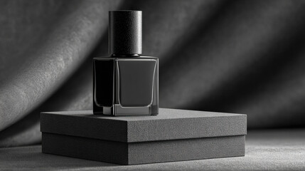 Sleek black nail polish bottle elegantly positioned on textured black box, creating sophisticated and minimalist aesthetic. soft fabric backdrop enhances luxurious feel of composition