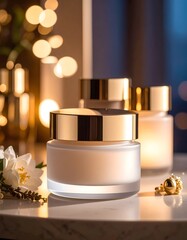 Luxurious Skincare A Close-Up of Beauty Creams, Gold Accents, and Soft Lighting for a Radiant Glow