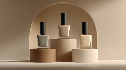 Chic trio of neutral tone matte bottles in taupe, beige, and clay arranged elegantly on circular pedestals against soft backdrop, creating serene and stylish atmosphere