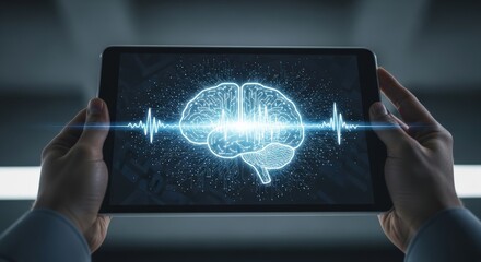 Hands holding a tablet displaying a brain scan with a heartbeat line.