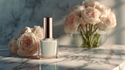 Chic nail polish bottle sits elegantly on white marble slab, surrounded by soft pink roses in glass vase, creating serene and luxurious atmosphere