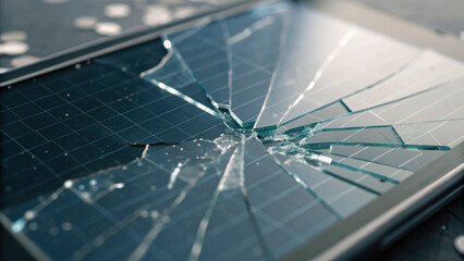 Close up of broken screen on digital tablet serious problem for modern business. Rebuilding after such damage requires immediate electronic repair and service