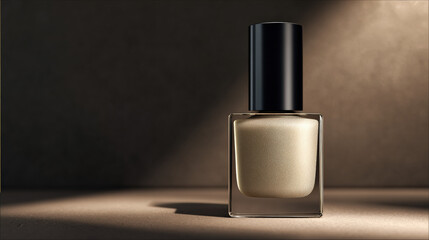 Sleek, modern nail polish bottle with muted gold shade sits elegantly on surface, illuminated by soft lighting, creating sophisticated and inviting atmosphere
