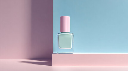 Minimalist nail polish bottle stands elegantly against pastel backdrop, showcasing soft green hue with pink cap. clean lines and color contrast evoke sense of luxury and modern design