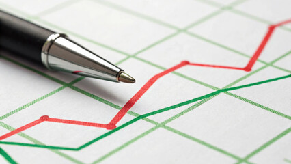 Optimistic financial graph showing market growth analysis for successful business. pen points to rising red line trend indicating rebuilding of company finance and profit