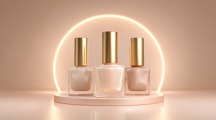 Luxurious nail polish bottles arranged in minimalistic setting, featuring elegant golden caps and soft pastel shades. warm lighting creates sophisticated ambiance, enhancing beauty of products