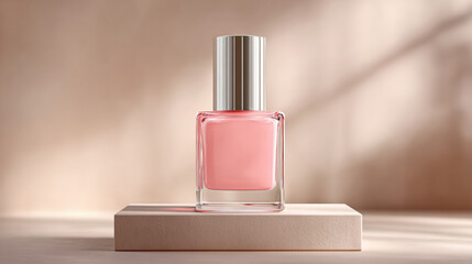 Stylish glass bottle of pink nail polish sits elegantly light colored display box, showcasing its smooth texture and vibrant color. soft lighting enhances beauty of product, creating serene